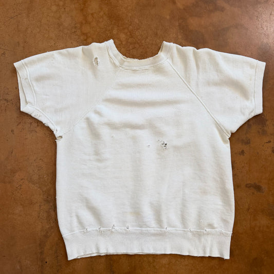 Vintage 1950s Cotton Short Sleeve Sweatshirt Distressed White Raglan Crewneck