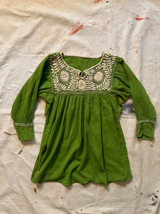 70s Olive Green Peasant Blouse with Cream Colored Stitching