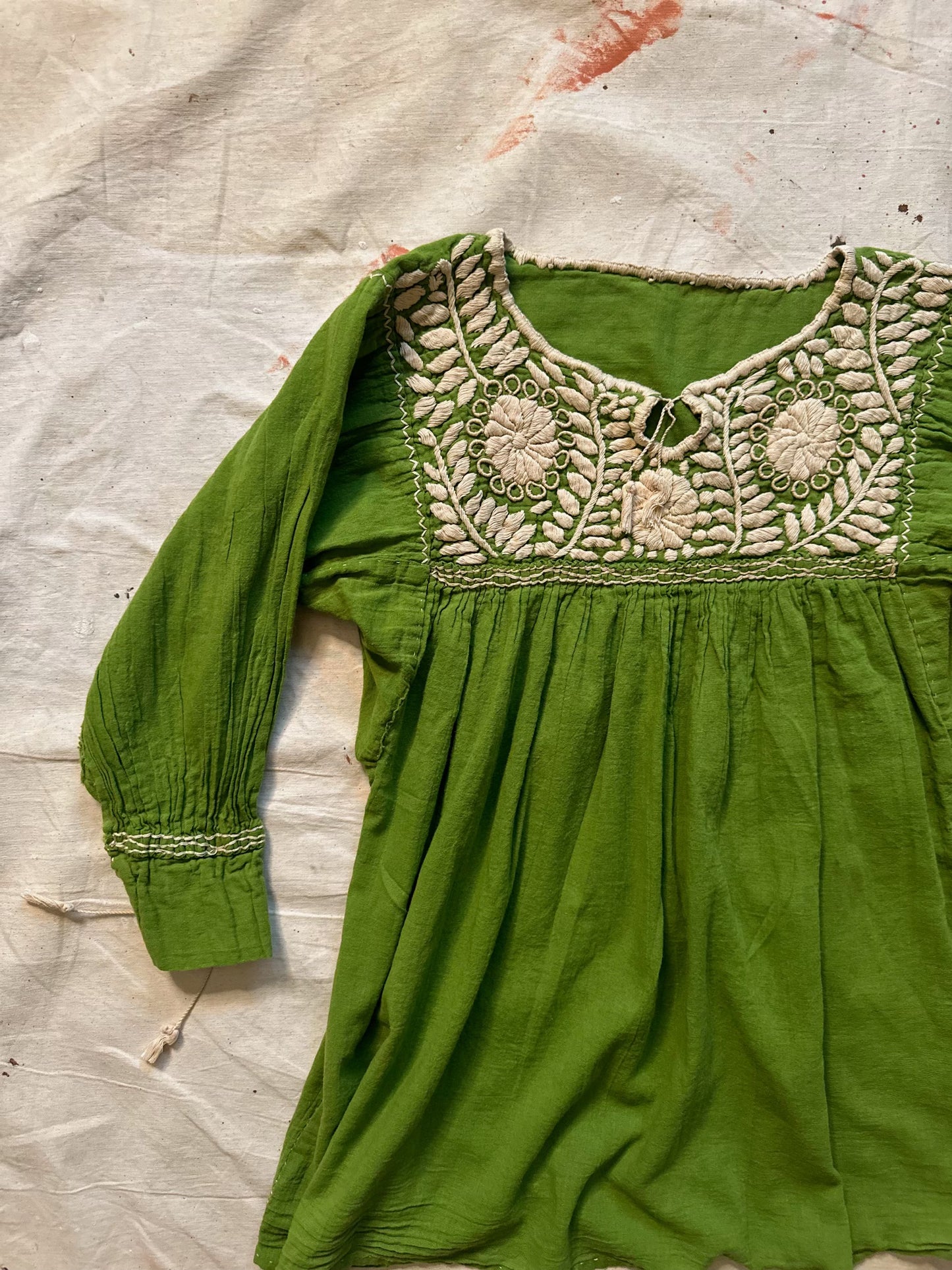 70s Olive Green Peasant Blouse with Cream Colored Stitching