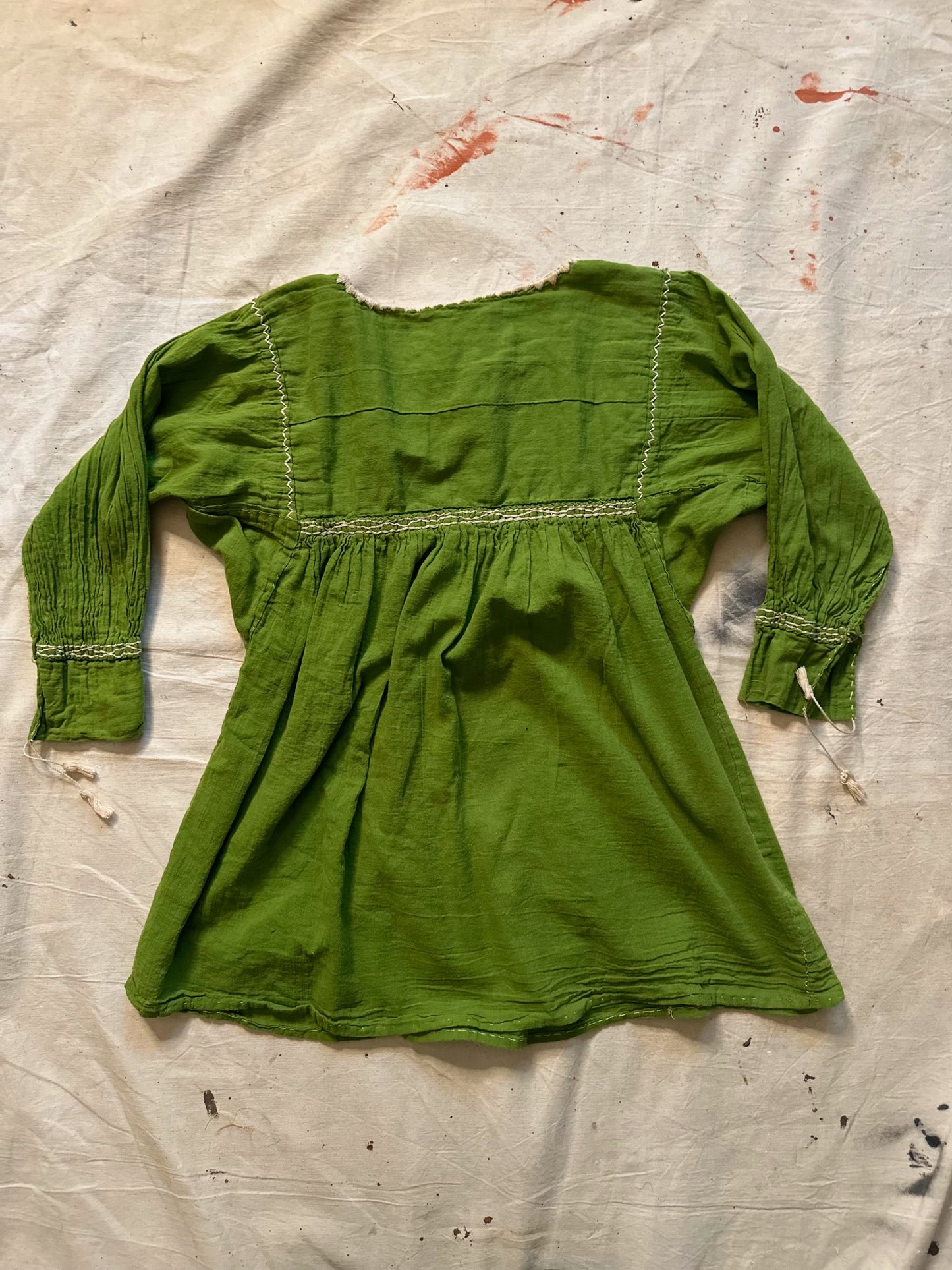 70s Olive Green Peasant Blouse with Cream Colored Stitching