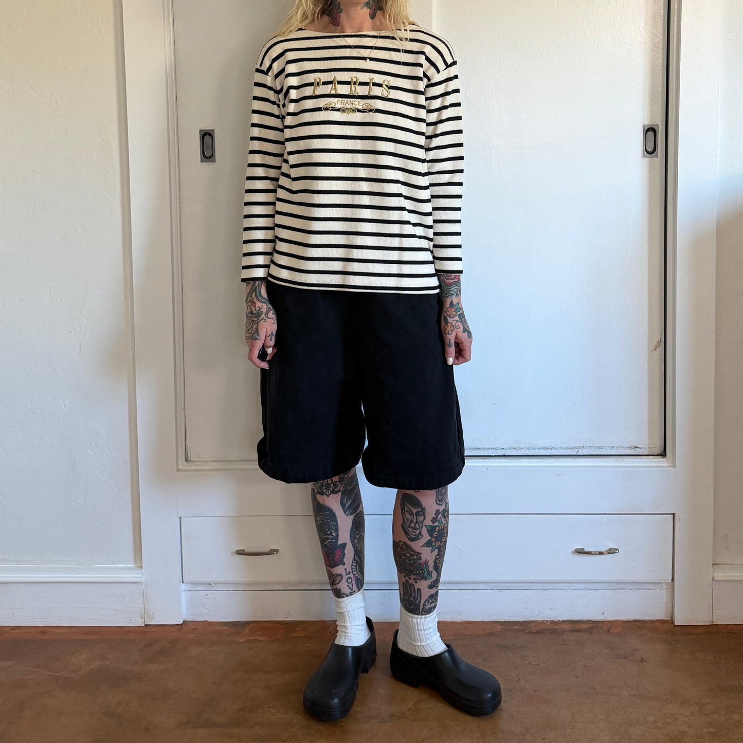 Vintage 1990s Paris France Embroidered Striped Boat Neck Top