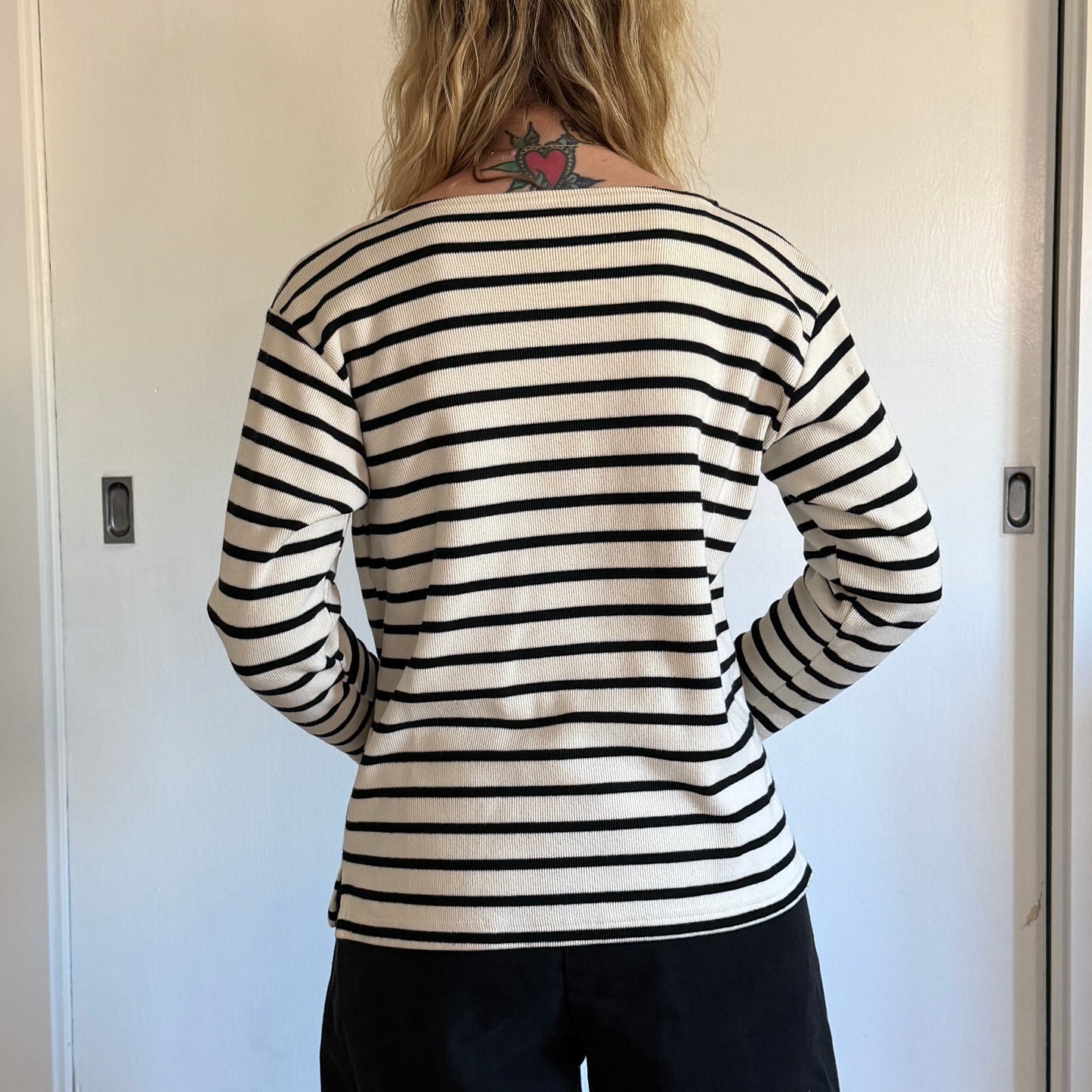 Vintage 1990s Paris France Embroidered Striped Boat Neck Top