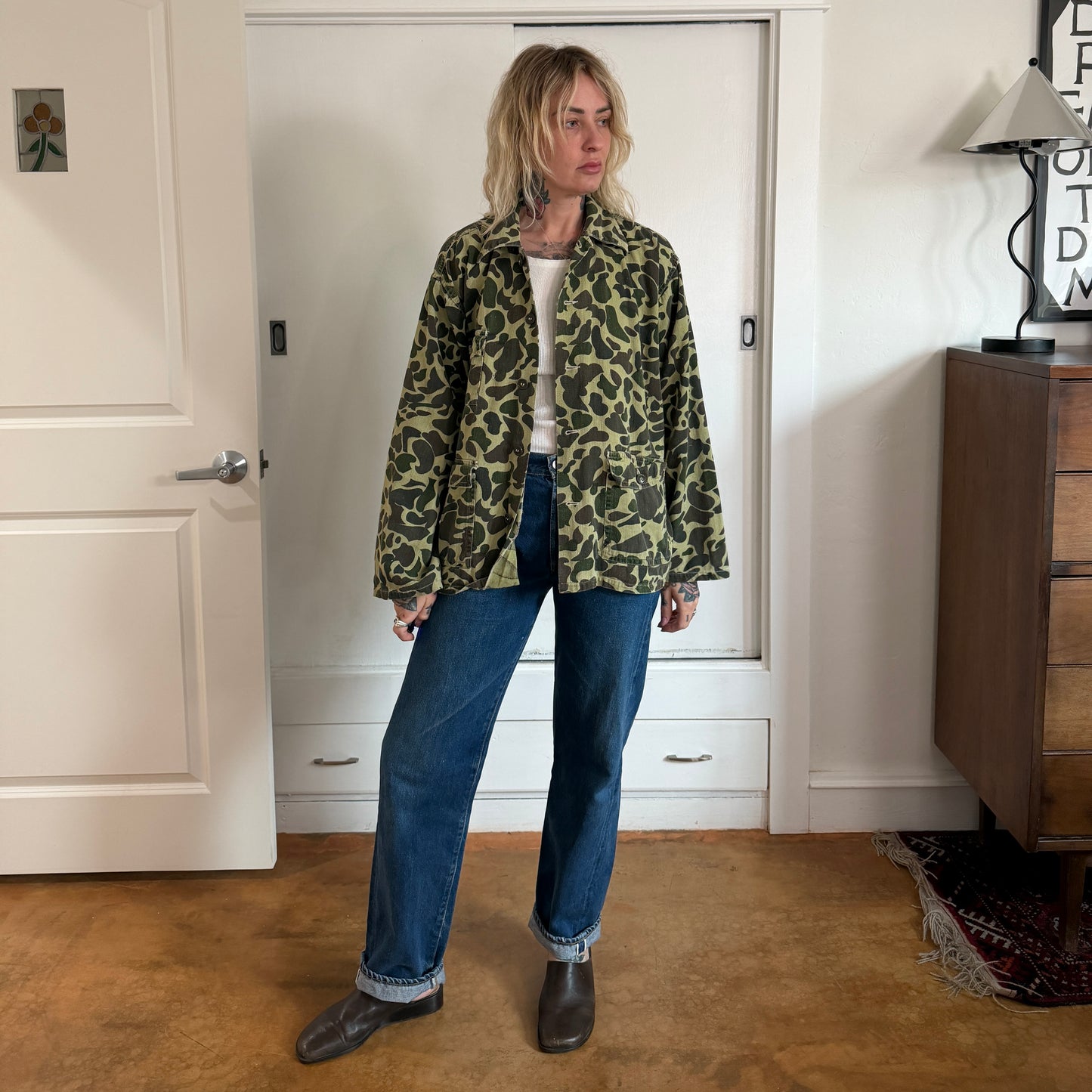 Vintage 1970s frog skin camo button up shirt jacket