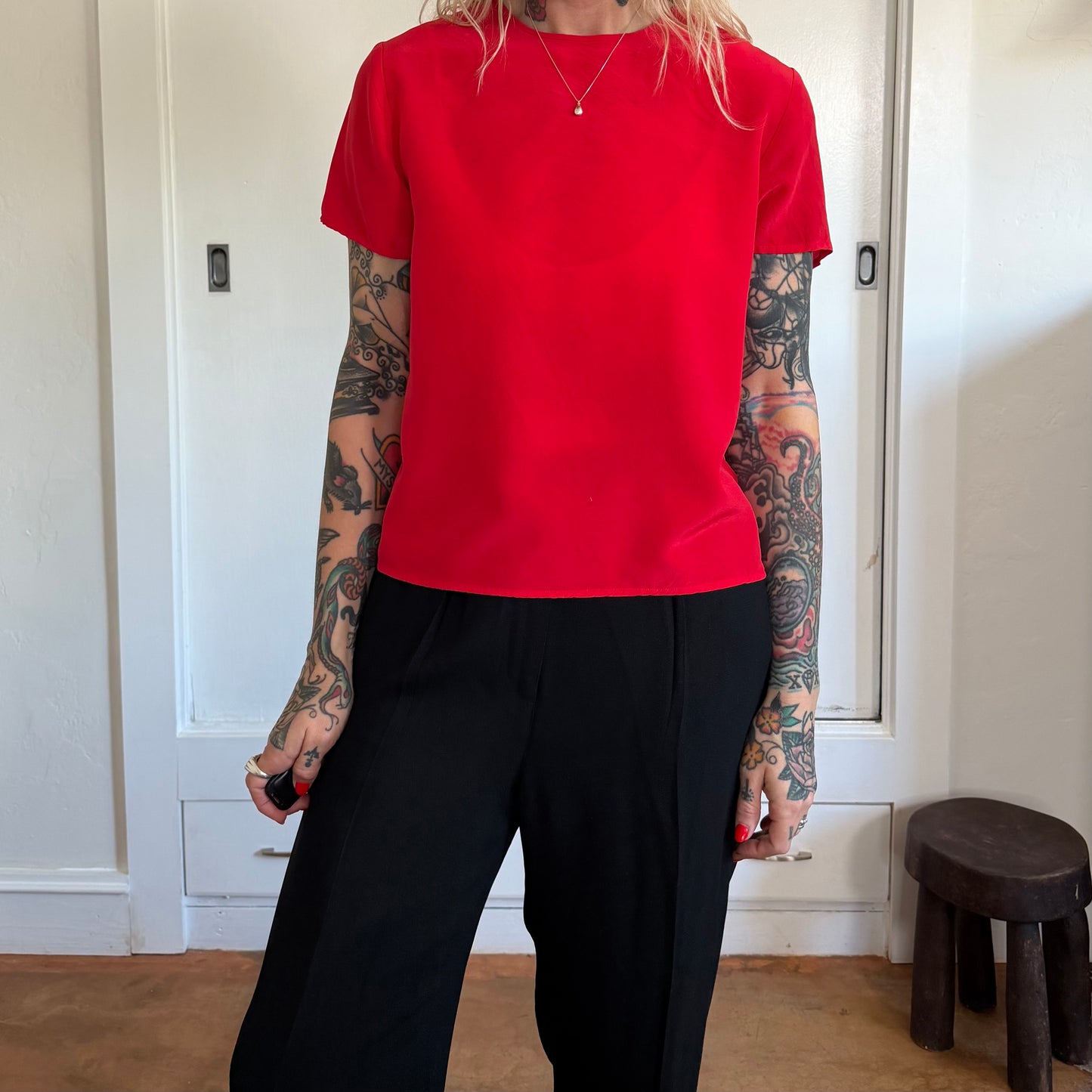 Vintage Red Silk Short Sleeve Blouse