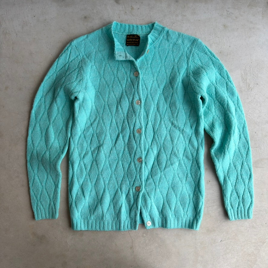 Vintage Sears Wintuk Aqua Blue Diamond Knit Cardigan Sweater Orlon Acrylic Women Small