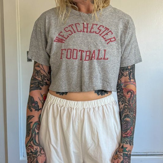 Vintage 1970s Champion Blue Bar Westchester Football Cropped T-Shirt
