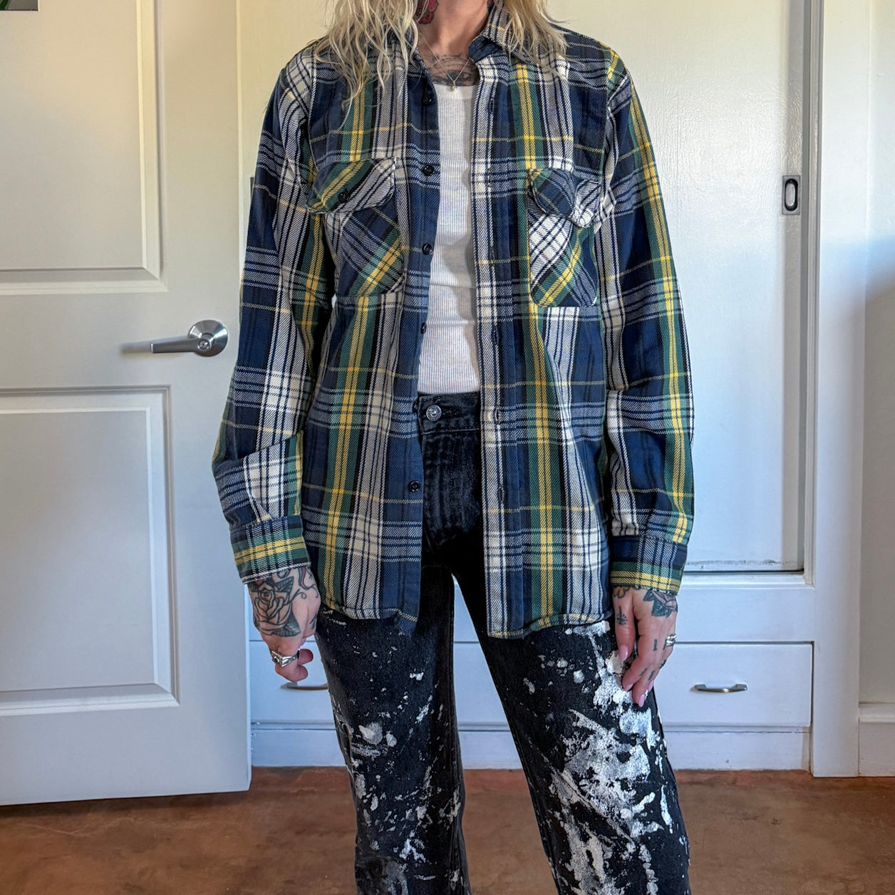 Vintage 1980s Five Brothers Navy Green White button down Flannel shirt