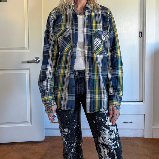 Vintage 1980s Five Brothers Navy Green White button down Flannel shirt