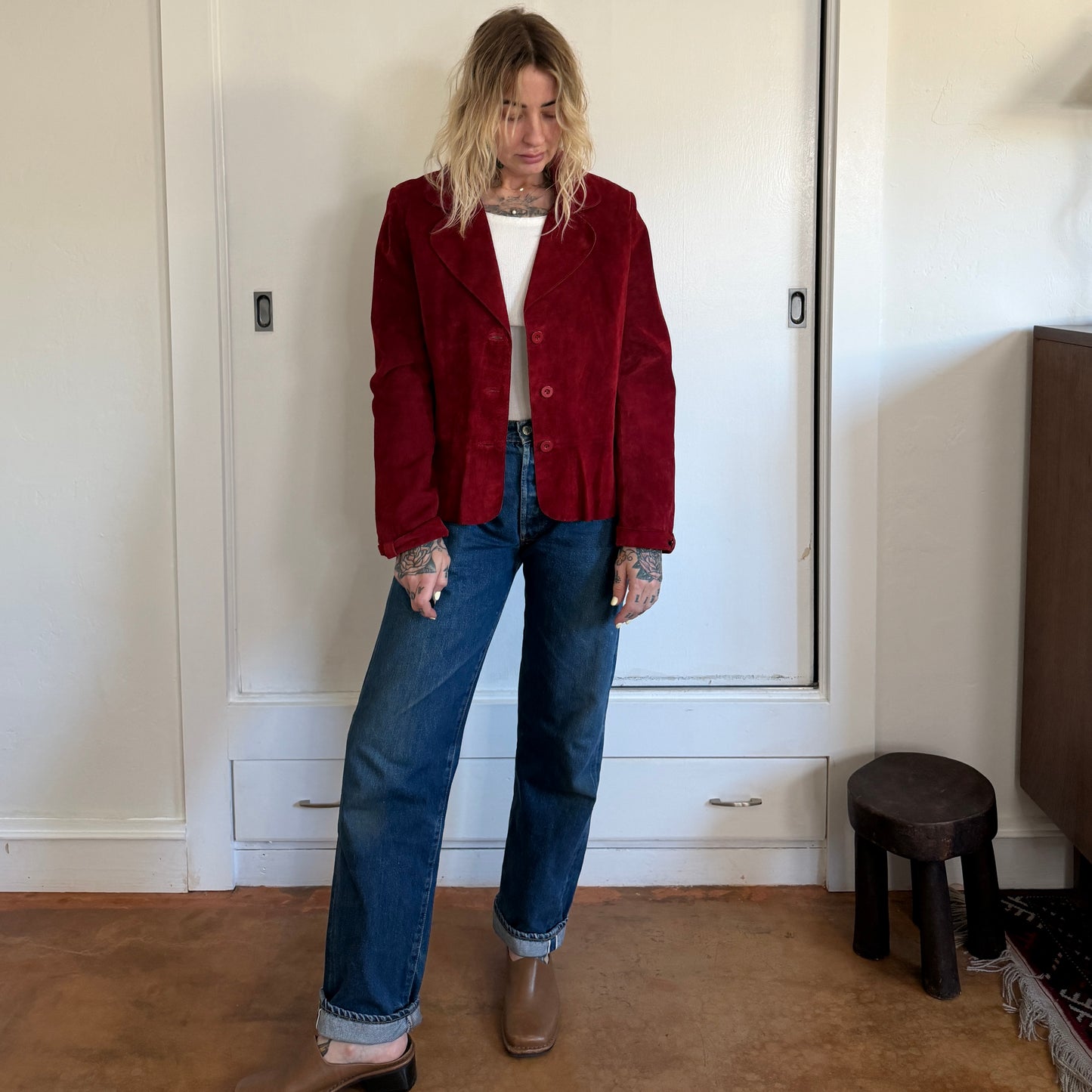 Vintage Uniform John Paul Richard Red Suede Leather Blazer Jacket Women’s Large