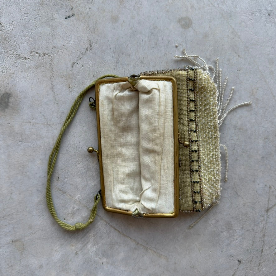 Vintage Micro Beaded Evening Bag Champagne Gold Kiss Lock Fringe Purse Handbag