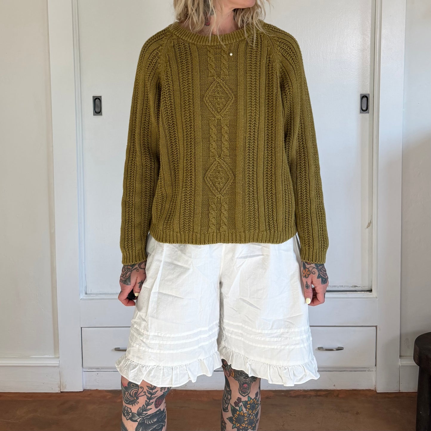 Vintage 1990s Olive Green Cable Knit Sweater