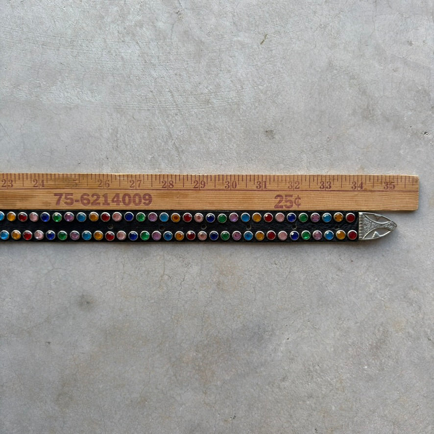 Western Black Leather Belt Multi Color Rhinestone Silver Engraved Buckle Fits 28-32in