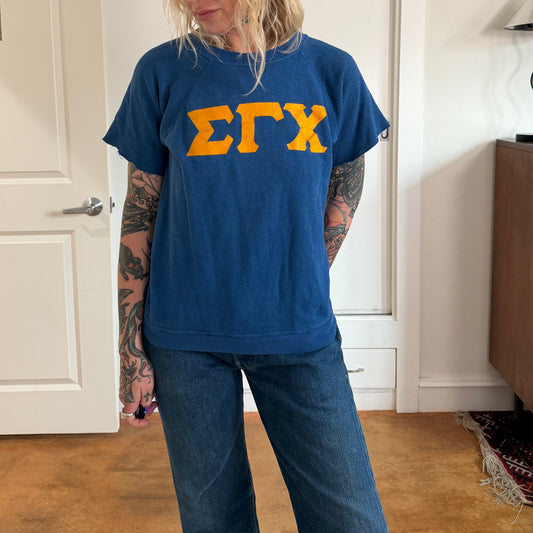 Vintage 1970s Sigma Gamma Chi Fraternity blue cut off sweatshirt