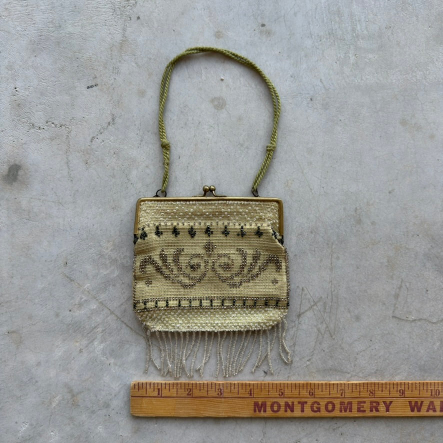 Vintage Micro Beaded Evening Bag Champagne Gold Kiss Lock Fringe Purse Handbag
