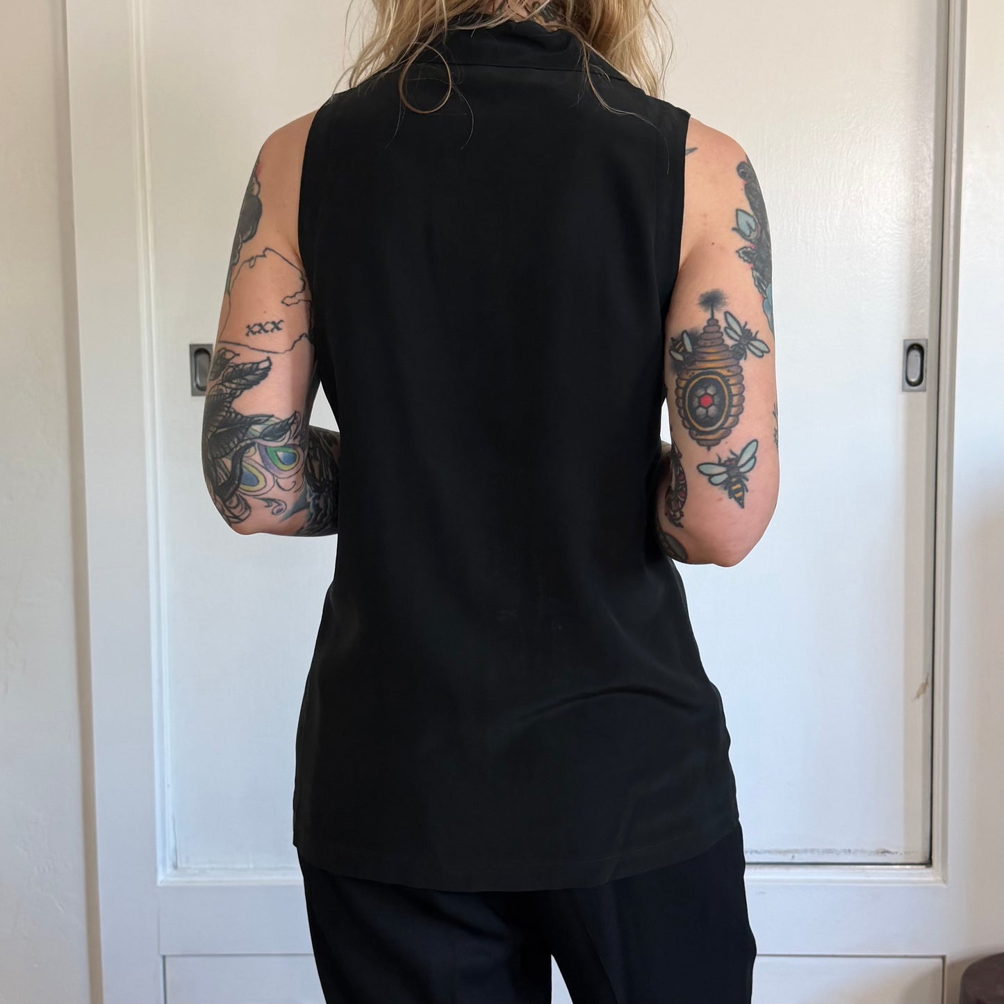 Vintage DKNY Black Silk Sleeveless Button Down Tunic Top