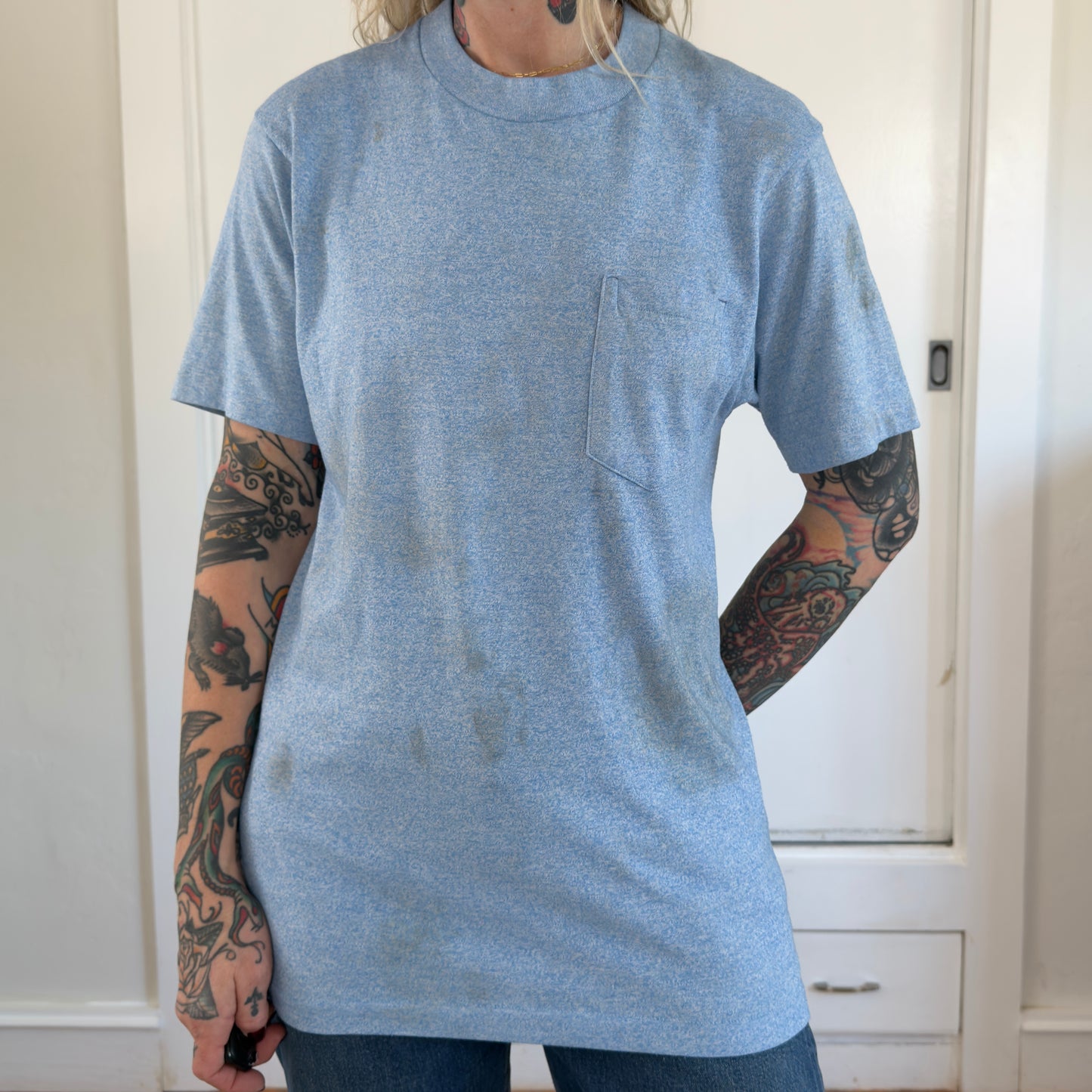 Vintage JCPenney Mens Large Blue Heathered Pocket T-Shirt