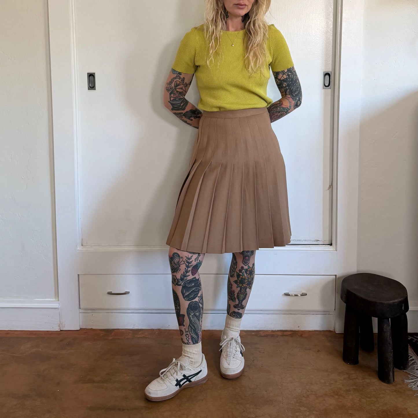 Vintage 1980s Camel Tan Wool Pleated Skirt