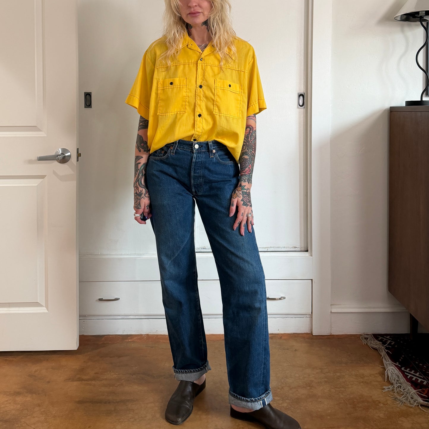 Vintage 1970s Hilton yellow button up bowling shirt