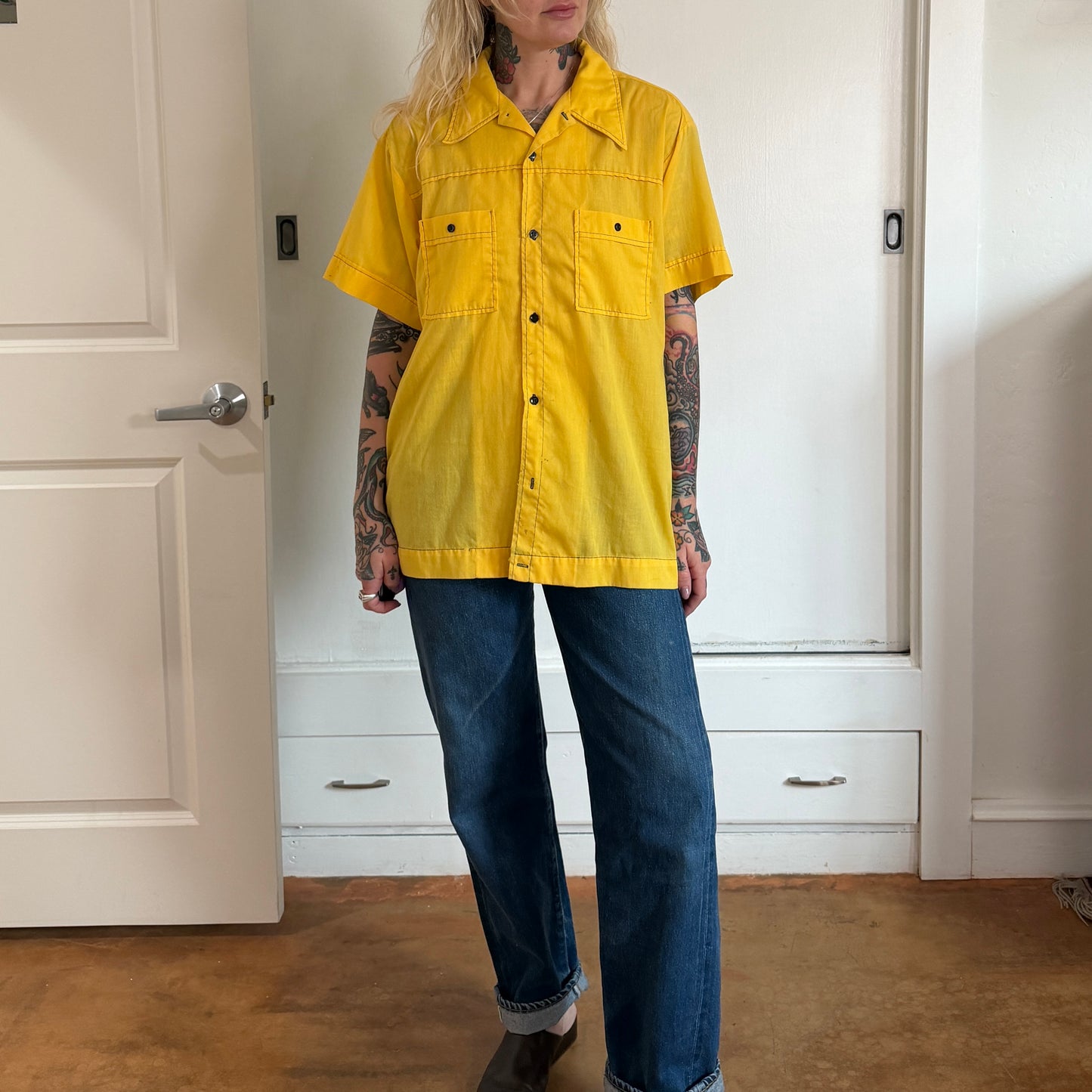 Vintage 1970s Hilton yellow button up bowling shirt