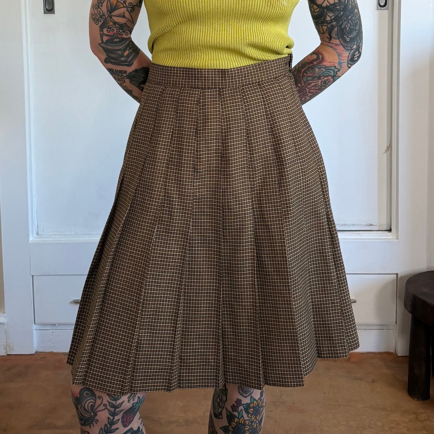 Vintage Brown Houndstooth Plaid Pleated High Waisted Skirt