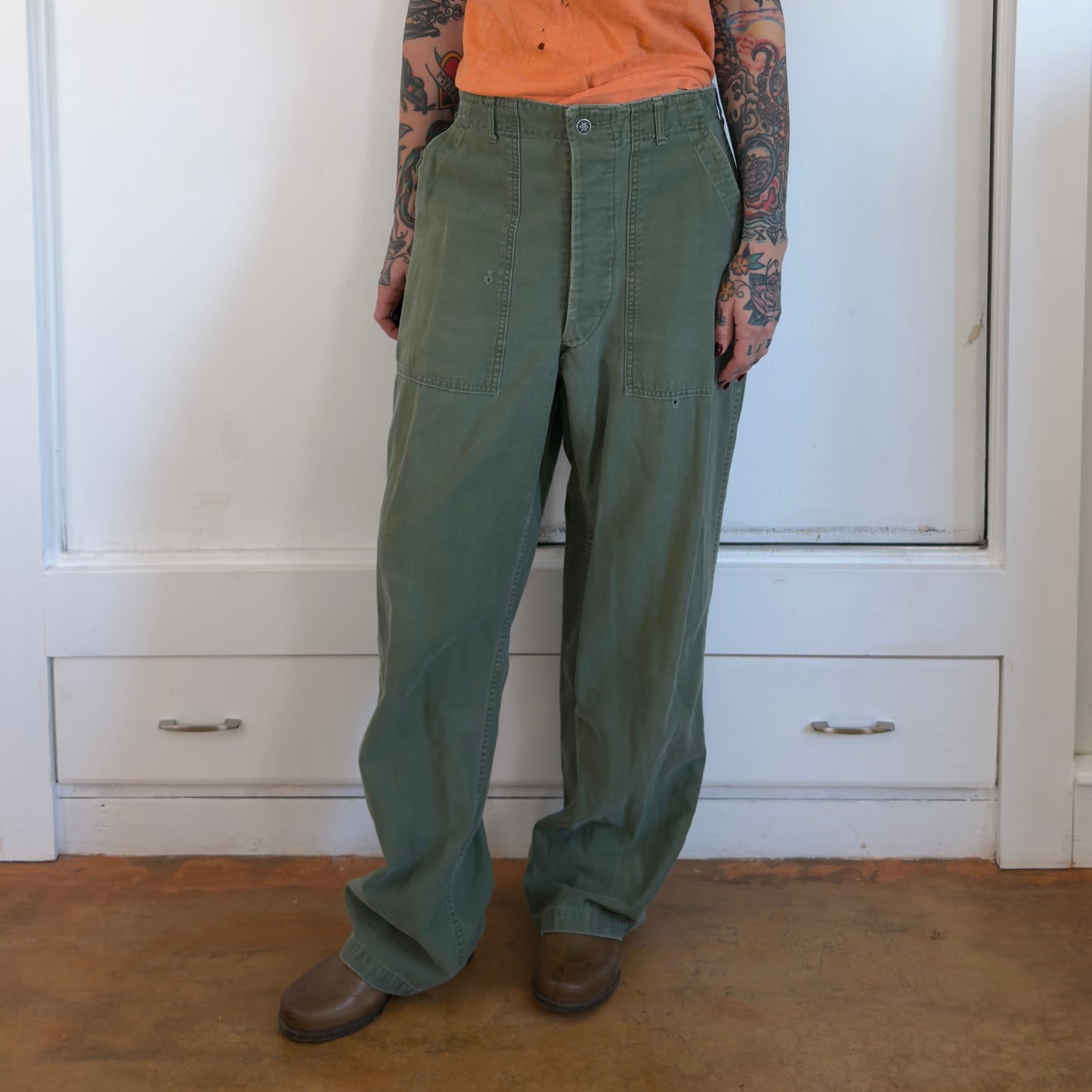 Vintage 1950s 13 Star OG 107 Fatigues Adjustable Waist Military Pants Green