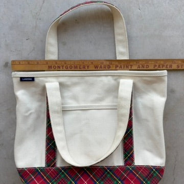 Lands End Canvas Tote Bag Cream Red Plaid Tartan Holiday Medium Open Top