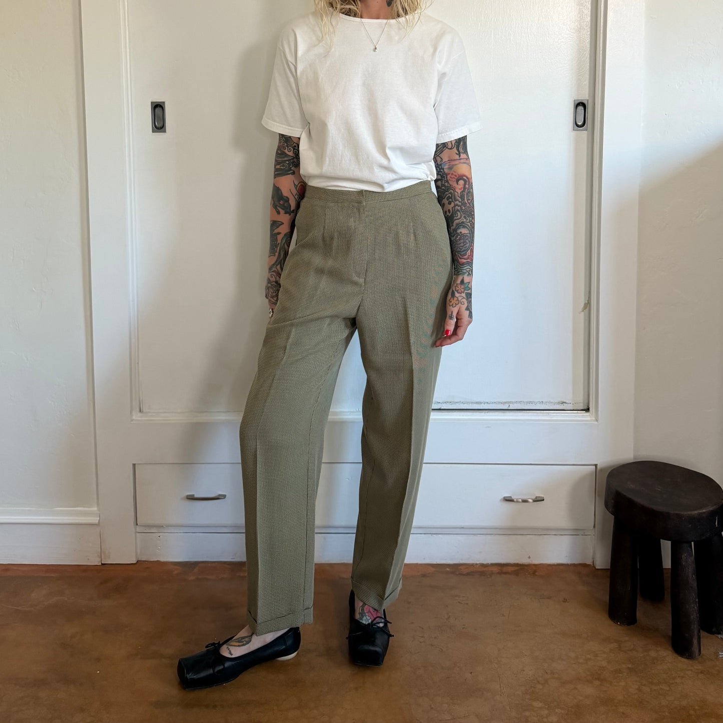 Vintage Norton Petite Olive Tan Micro Check High Waist Trousers