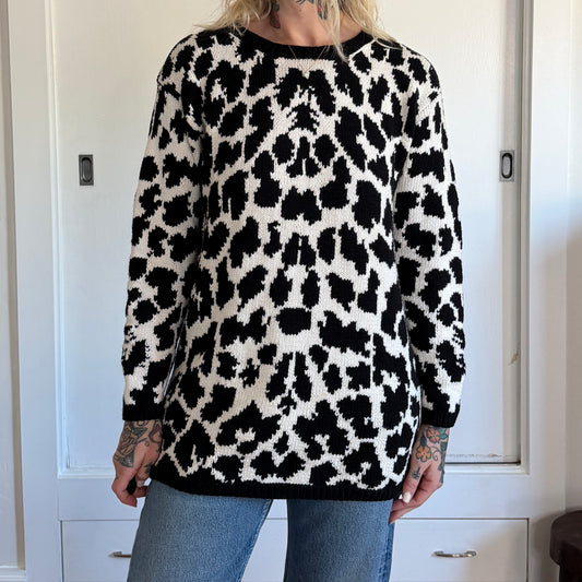 Vintage 1990s Leopard Print Crewneck Sweater Black White Knit Top Womens