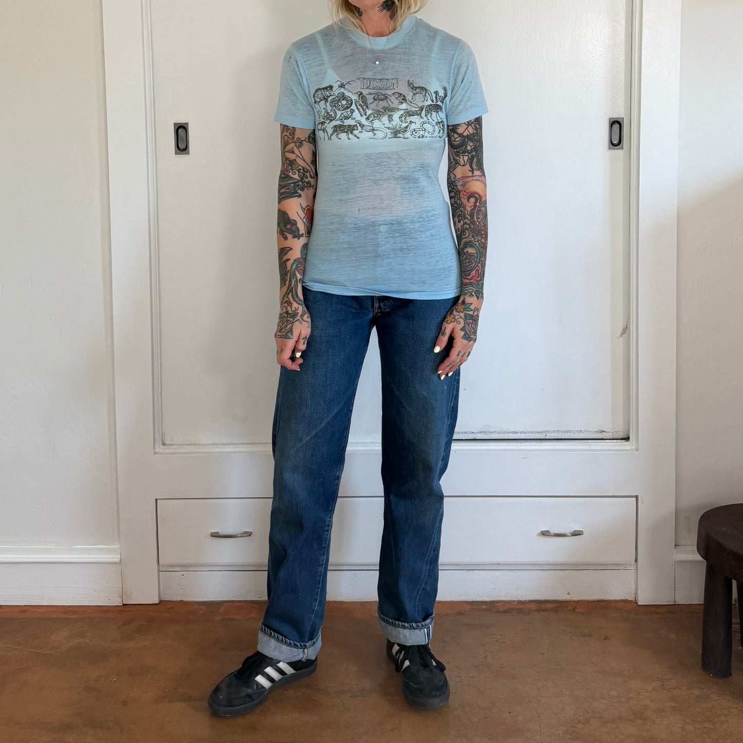Vintage 1970s Tucson Arizona Desert Wildlife Light Blue Paper Thin Tee