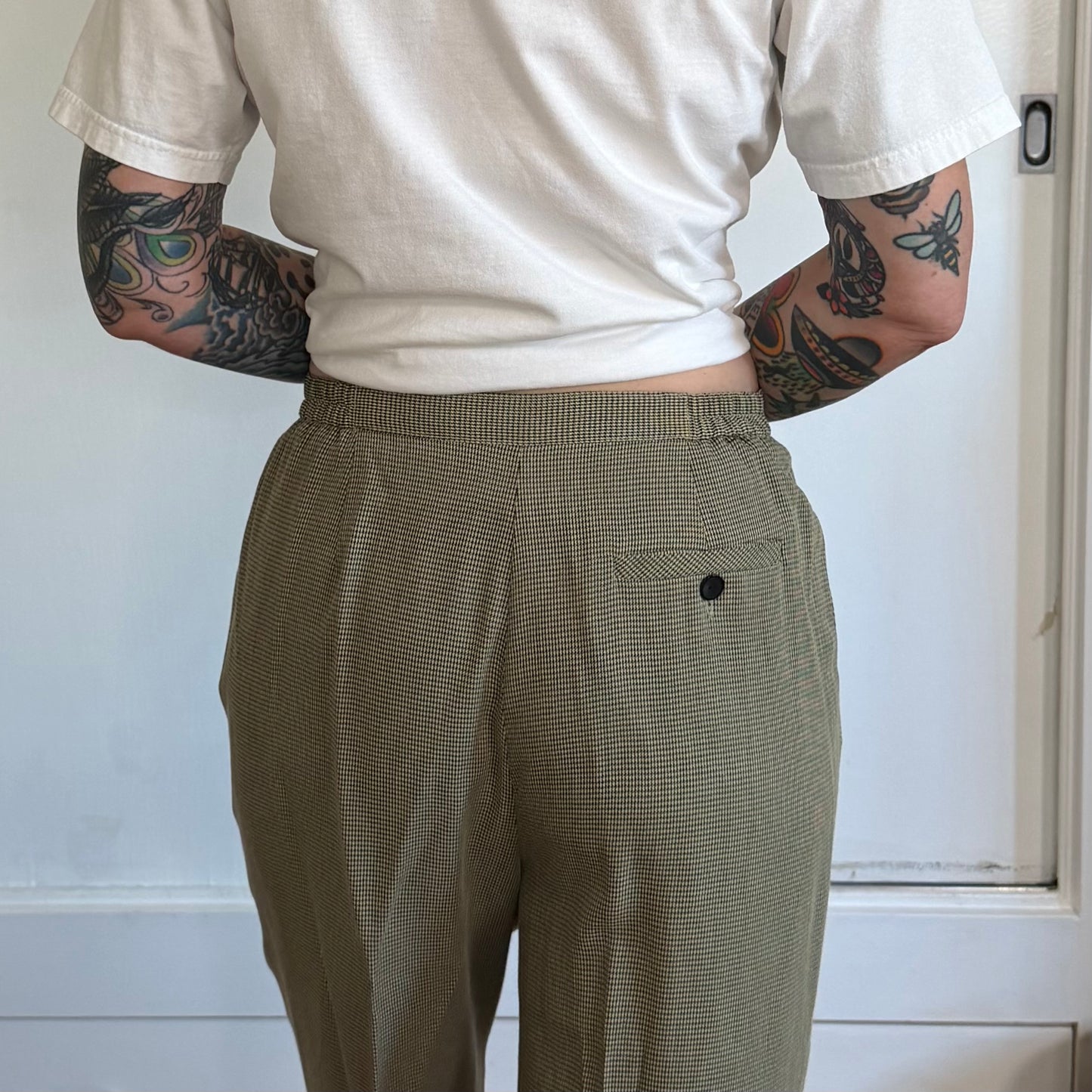 Vintage Norton Petite Olive Tan Micro Check High Waist Trousers