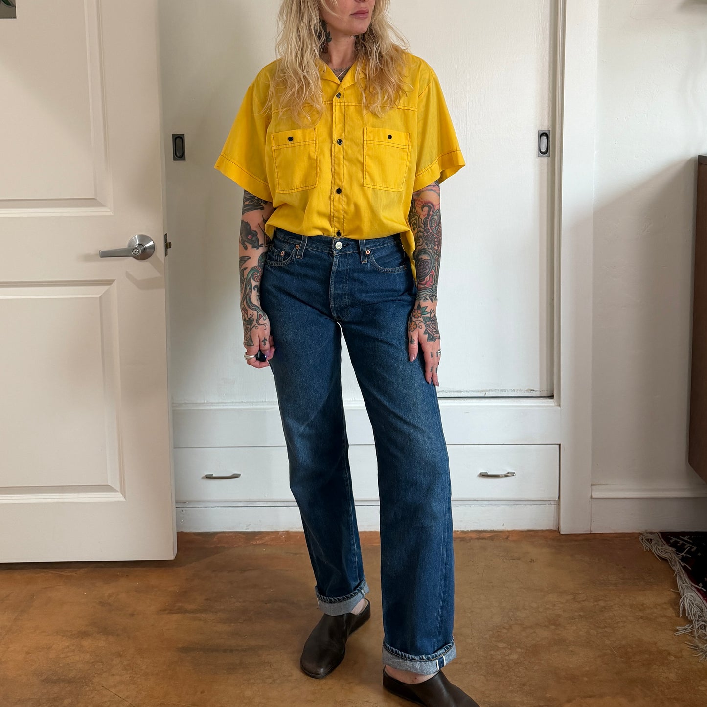 Vintage 1970s Hilton yellow button up bowling shirt