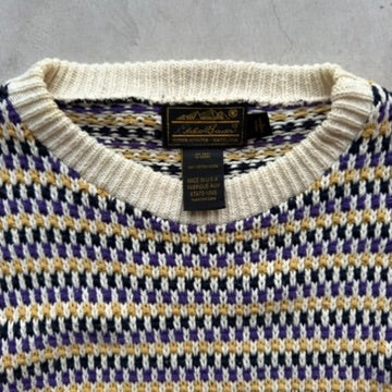 Vintage Eddie Bauer Mens L Cotton Birdseye Knit Sweater Made in USA Purple Gold