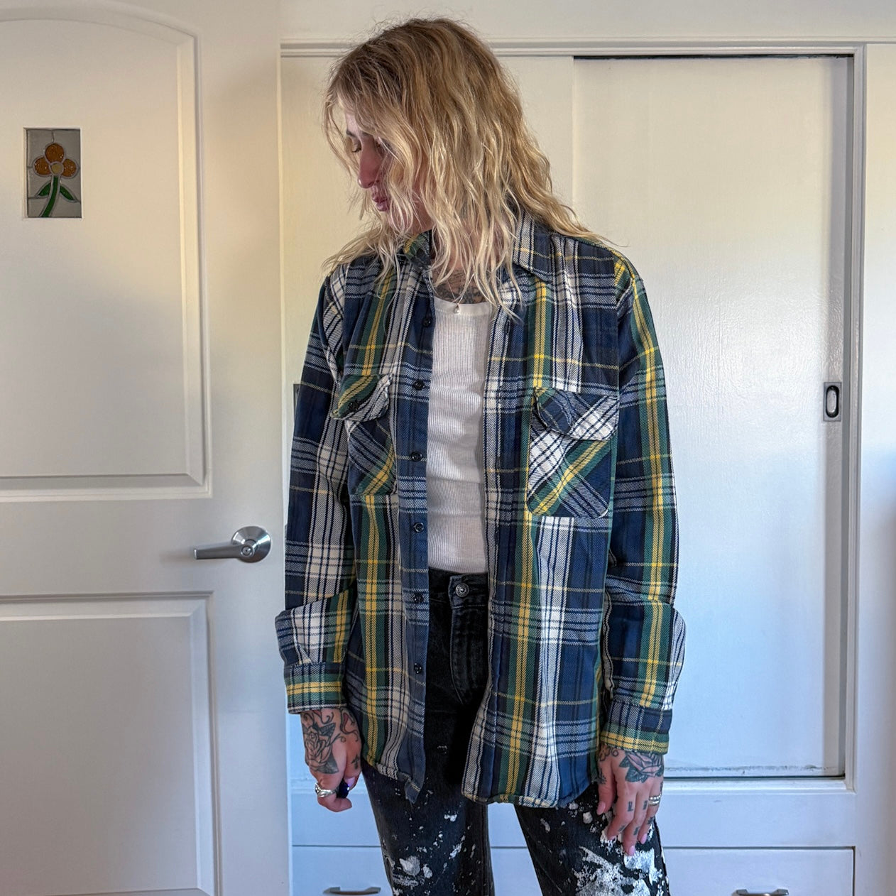 Vintage 1980s Five Brothers Navy Green White button down Flannel shirt