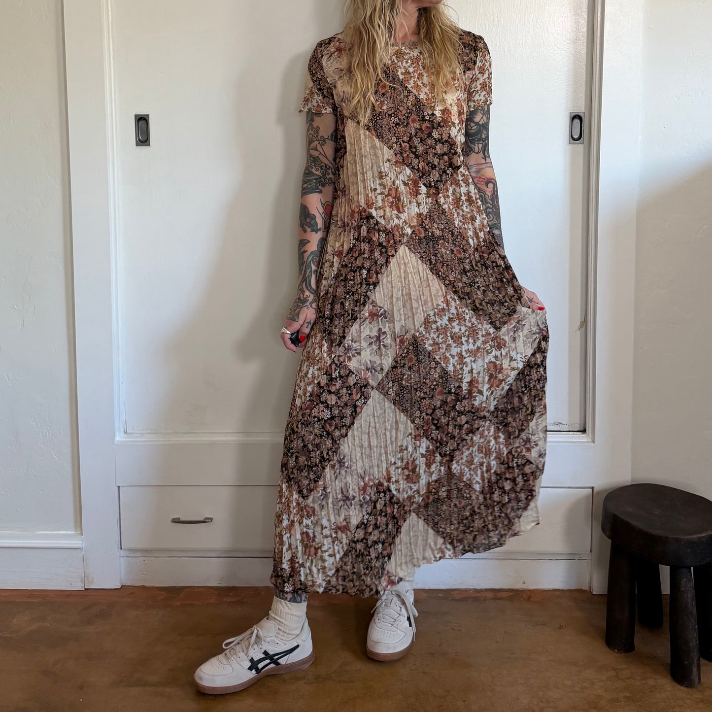 Vintage Danielle Haven Patchwork Floral Plisse Maxi Dress