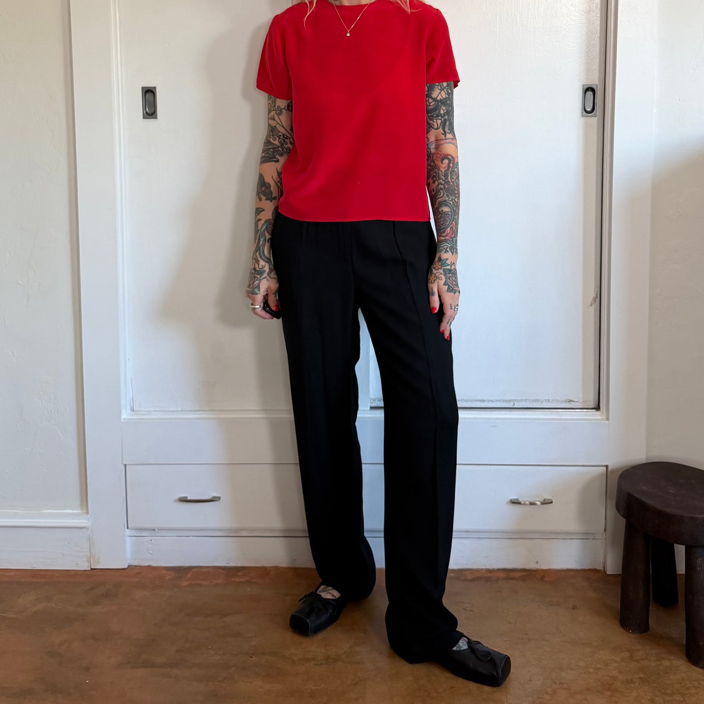 Vintage Red Silk Short Sleeve Blouse