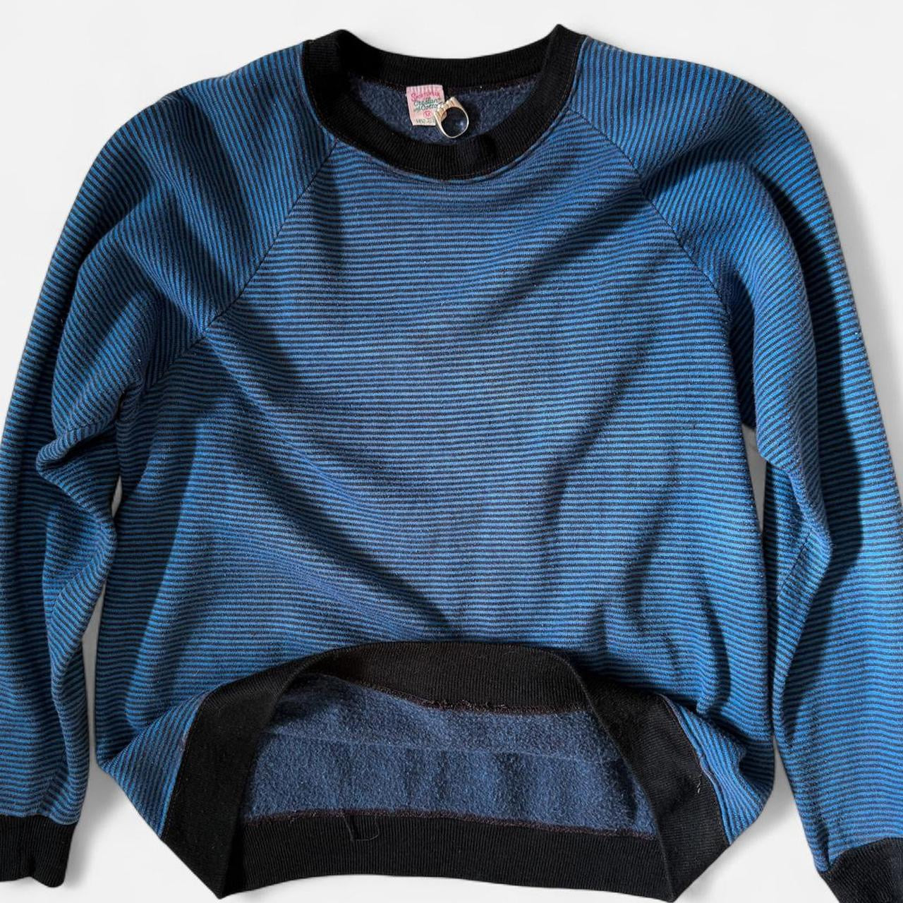 Vintage 1960s Blue and Black Striped Crewneck Sweatshirt