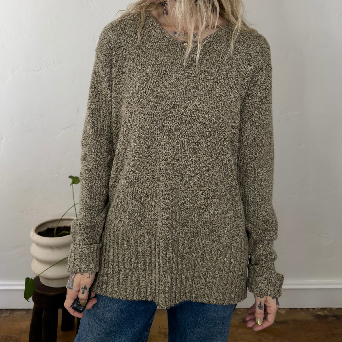 Vintage Carolyn Taylor Essentials V-Neck Marled Knit Sweater Olive Brown Large