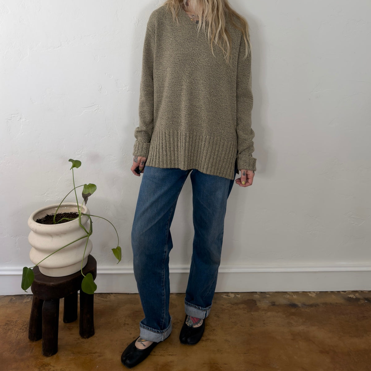 Vintage Carolyn Taylor Essentials V-Neck Marled Knit Sweater Olive Brown Large
