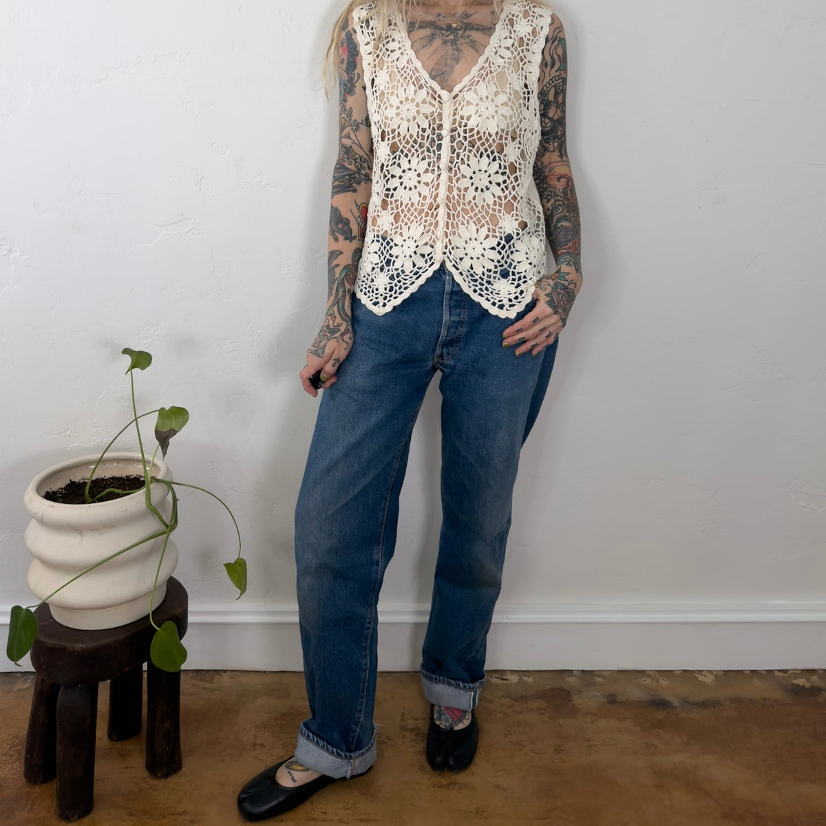 Vintage Cervelle Floral Crochet Vest Cream Ramie Cotton Knit Top Large