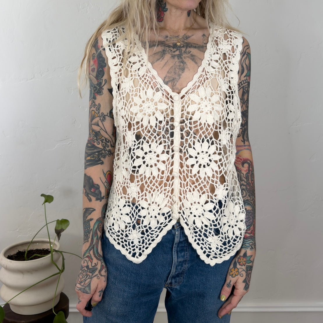 Vintage Cervelle Floral Crochet Vest Cream Ramie Cotton Knit Top Large