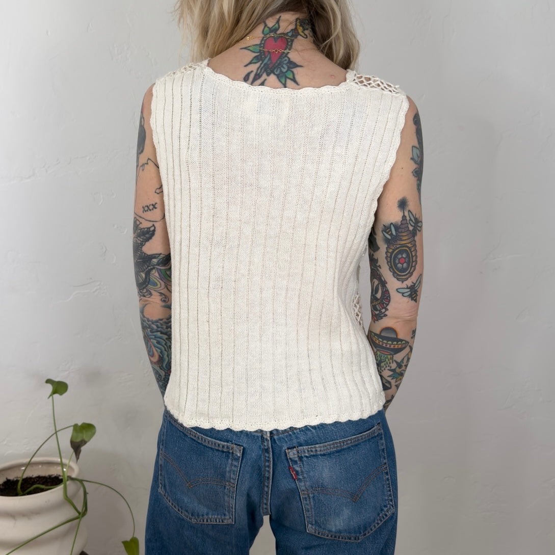 Vintage Cervelle Floral Crochet Vest Cream Ramie Cotton Knit Top Large