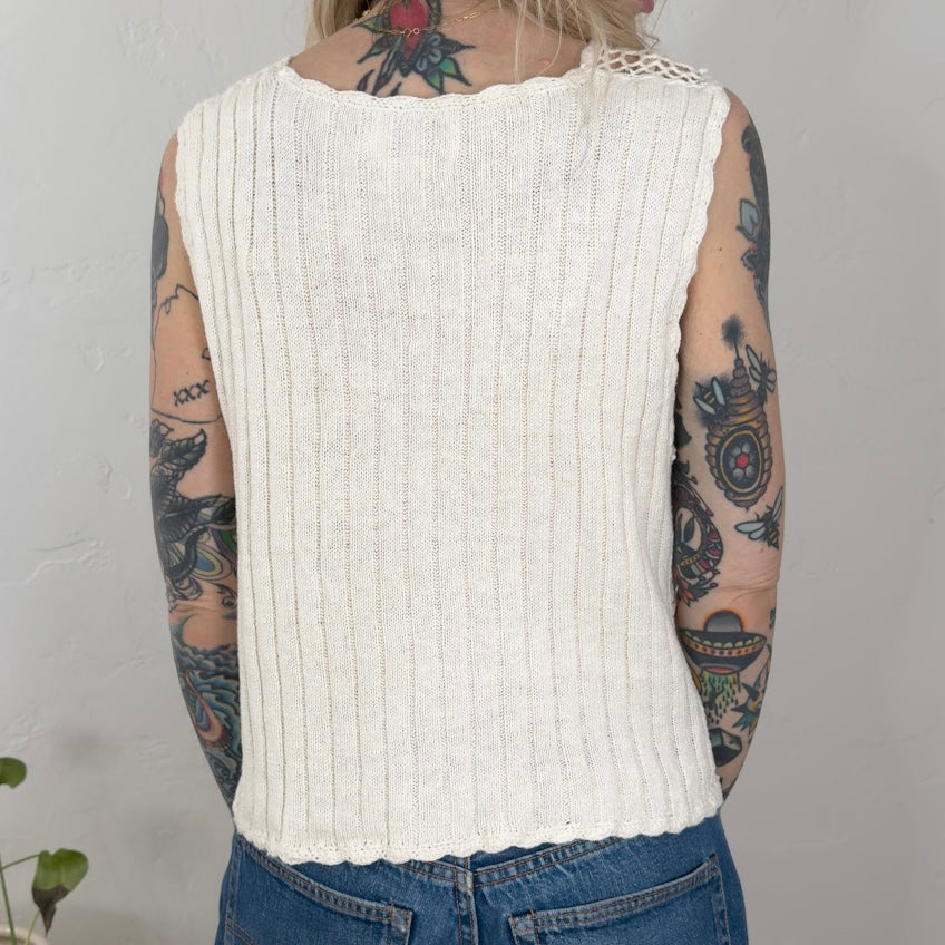 Vintage Cervelle Floral Crochet Vest Cream Ramie Cotton Knit Top Large