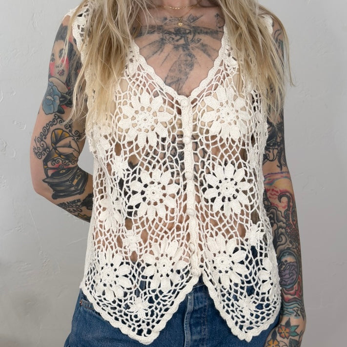 Vintage Cervelle Floral Crochet Vest Cream Ramie Cotton Knit Top Large
