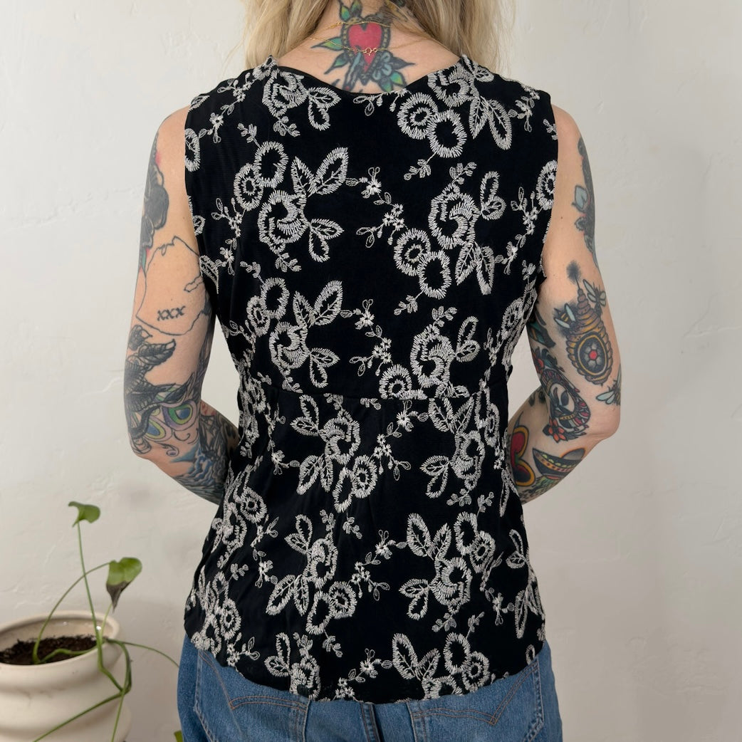 Vintage Style & Co Womens Black White Floral Empire Waist Sleeveless V-Neck Top Large