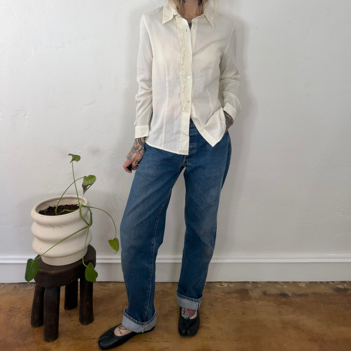 WilliSmith Vintage Cream Ruffle Front Button Down Cotton Blouse Large