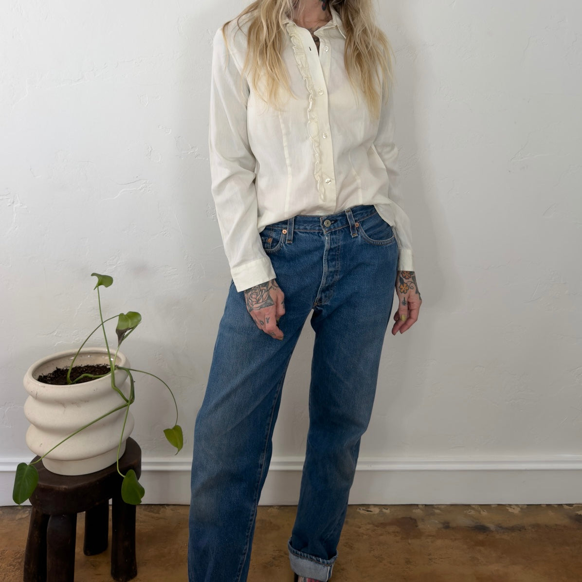 WilliSmith Vintage Cream Ruffle Front Button Down Cotton Blouse Large