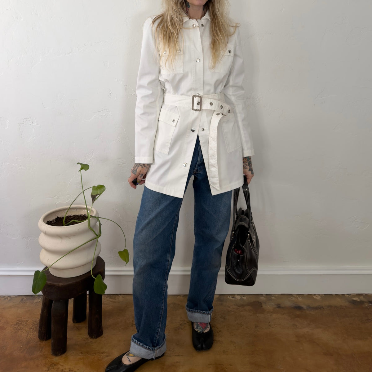 Vintage Old Navy White Utility Belted Field Jacket Womens Medium Snap Front Coat