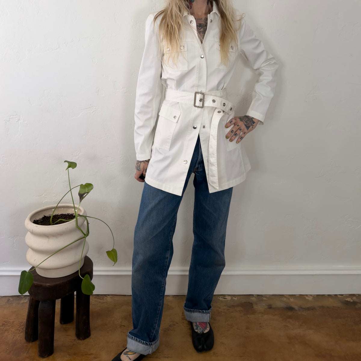Vintage Old Navy White Utility Belted Field Jacket Womens Medium Snap Front Coat