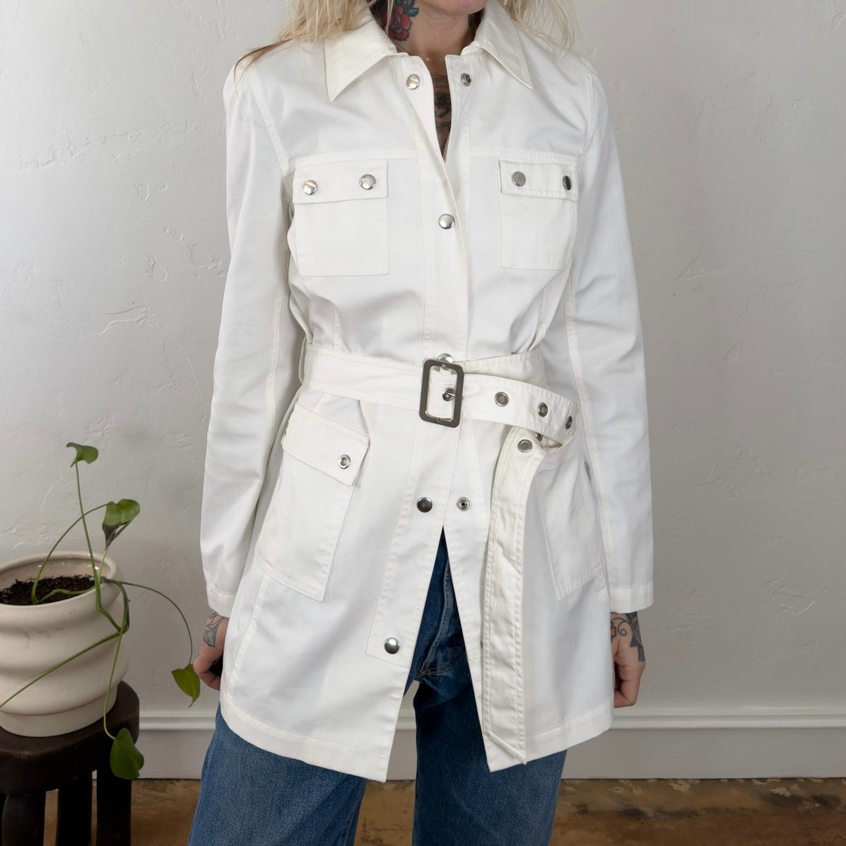 Vintage Old Navy White Utility Belted Field Jacket Womens Medium Snap Front Coat