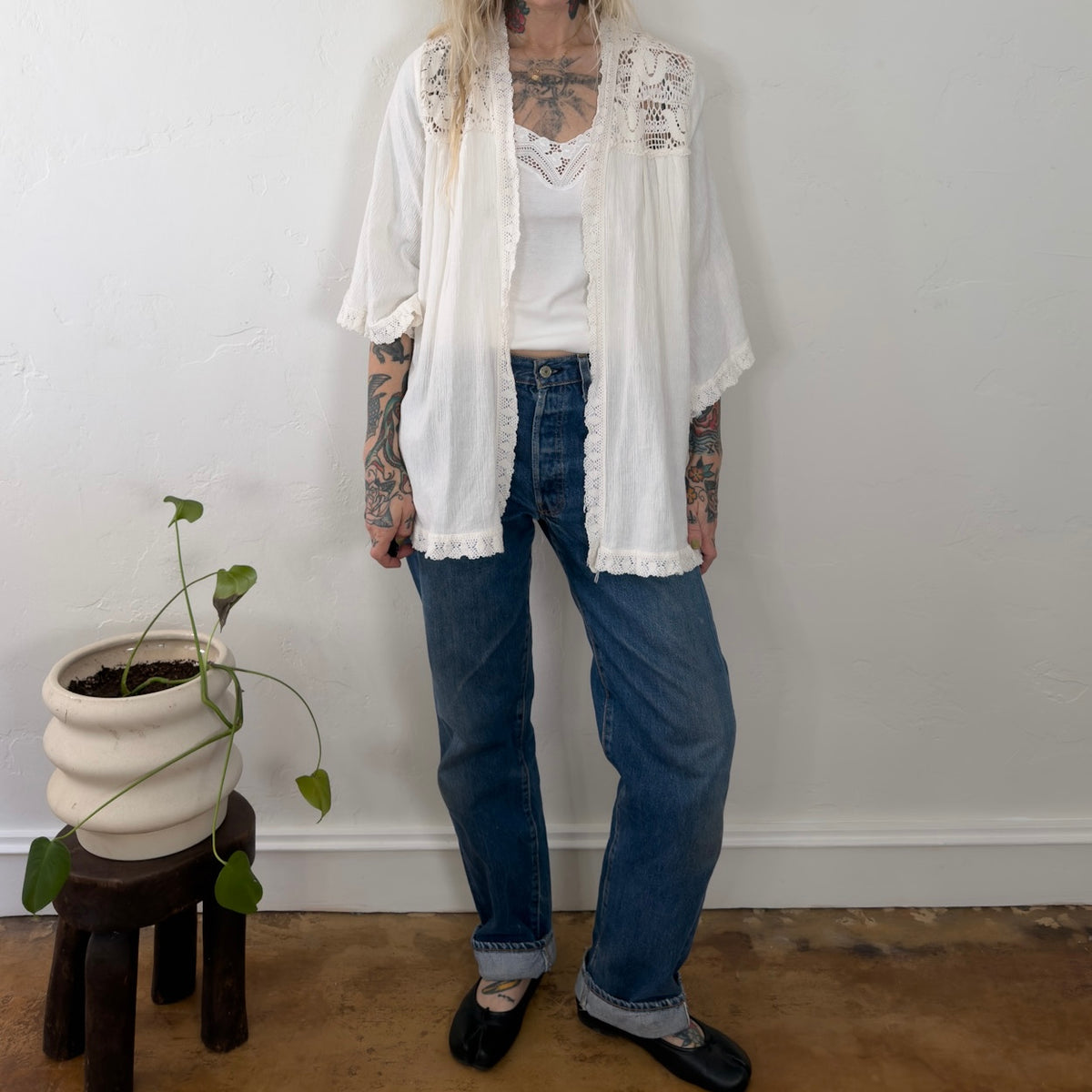 Boho White Cotton Gauze Lace Trim Cardigan Kimono Open Front Crochet Back Top